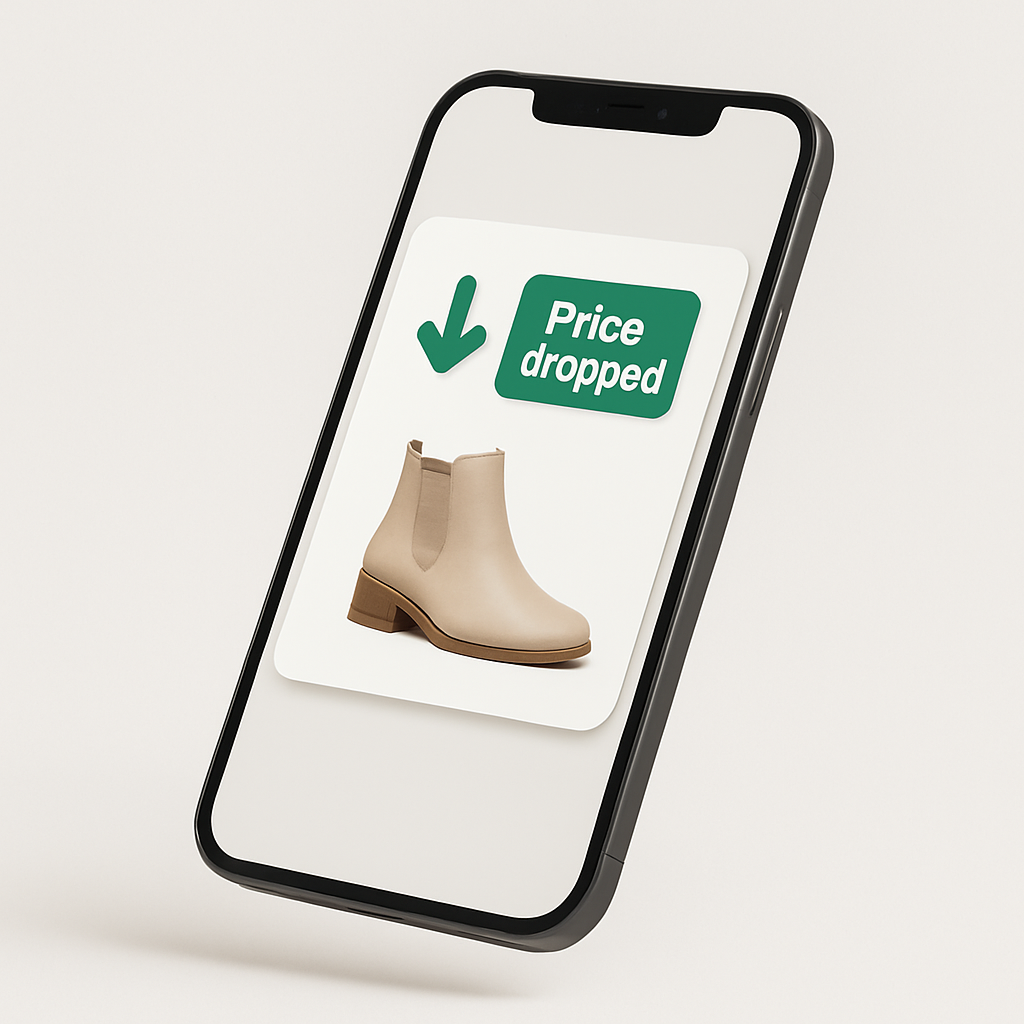 Smartphone showing a Restocked price drop notification
